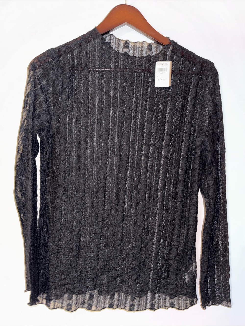 Women’s Black Ribbed Long-Sleeve Semi-Sheer Tee